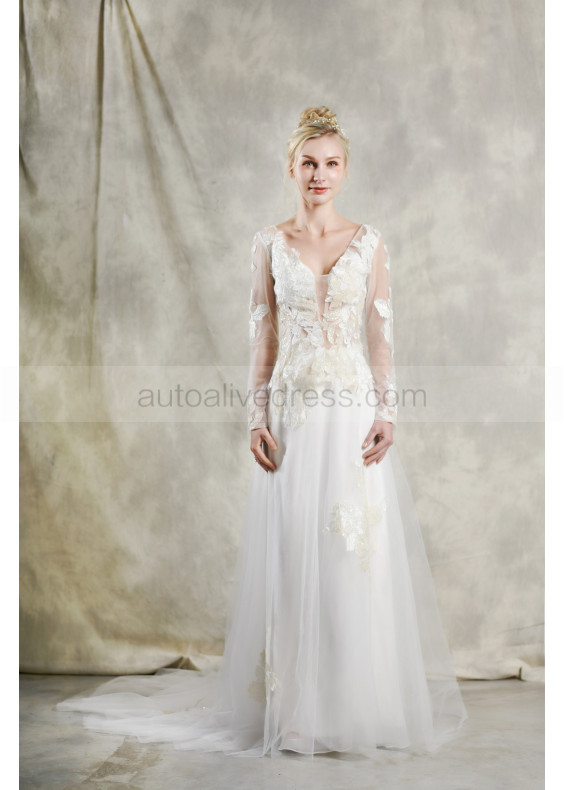 Long Sleeve Ivory Lace Tulle Illusion Buttons Back Wedding Dress Long Sleeve Ivory Lace Tulle Illusion Buttons Back Wedding Dress